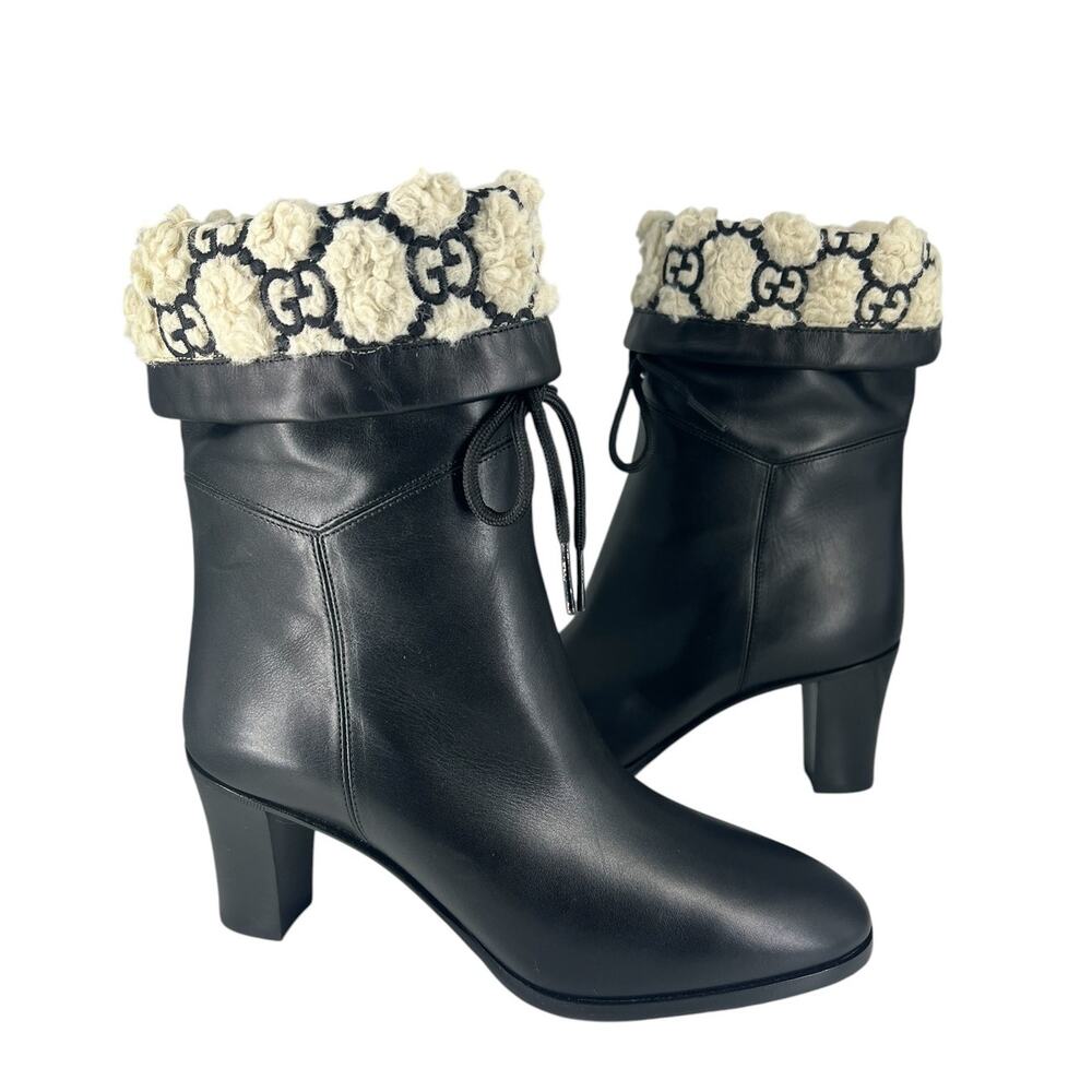 Gucci GG Shearling Leather Fold Over Ankle Boots Nero 37.5 - Picture 6 of 16